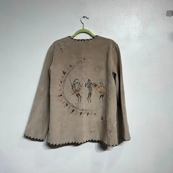 Chico's Tan Genuine Suede Leather Vintage Native Tribal Jacket Sz 2 - Picture 11 of 15